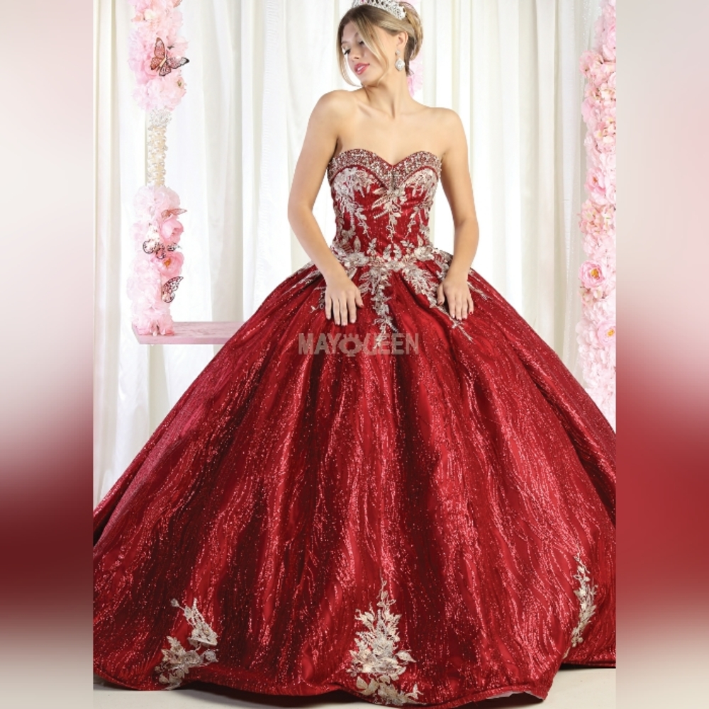 Burgundy/gold,navy,green quencenara strapless beaded lace up corset ball gown